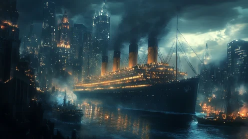 Steam liner enters dystopian harbor under smoky illuminated skyline