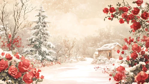 Winter cottage amid red roses in gentle snowfall scene.
