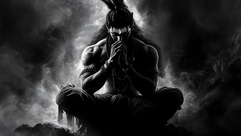 Shadowed warrior in meditation amid swirling sacred smoke.