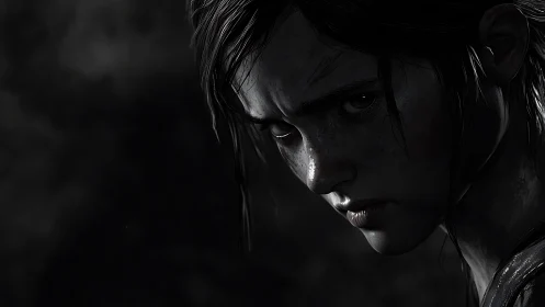 Monochrome close-up of young female face in shadowed profile.