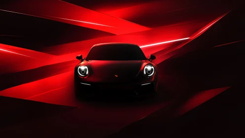 Front-lit sports coupé in angular red luminous environment.