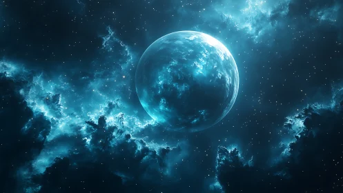 Distant blue planet within luminous nebula field in space.