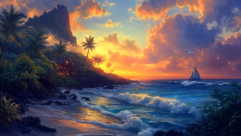 Tropical Sunset Cove with Sailing Ship at Dusk
