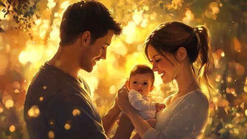 Young Family with Infant Bathed in Golden Light