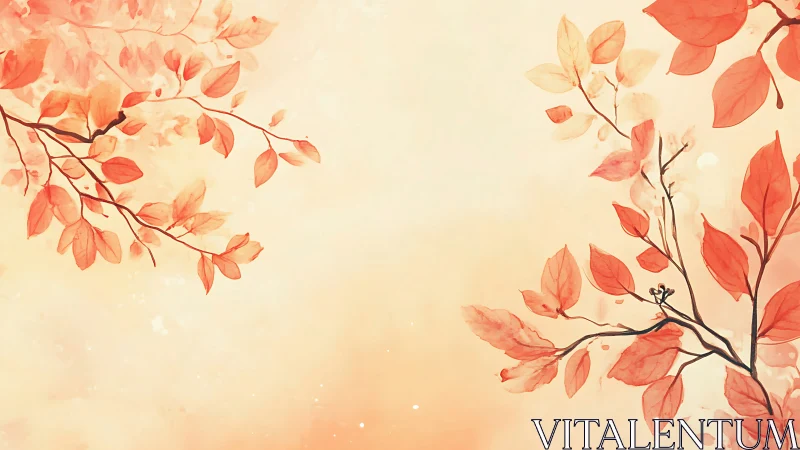 Soft watercolor branches with warm red autumn leaves.