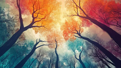 Digital forest canopy with fiery gradient sky perspective.