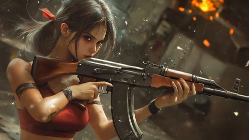 Digital warrior woman aiming rifle in explosive battle scene.