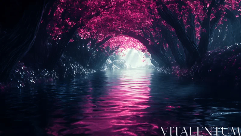 Luminescent Cavern with Pink Bioluminescent Vegetation