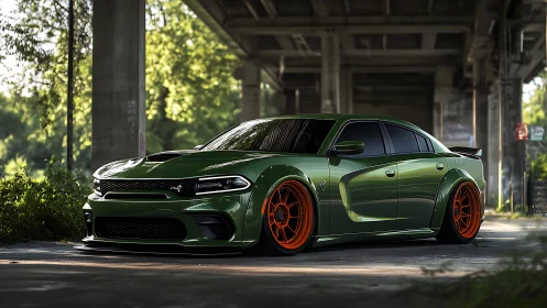 Emerald street beast crouches low on inferno orange wheels.