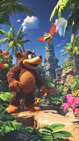 Sun-bright bear and bold bird scout a jungle sky playground
