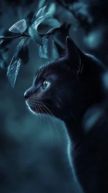 Black cat with pale eyes observes luminescent insects in teal light