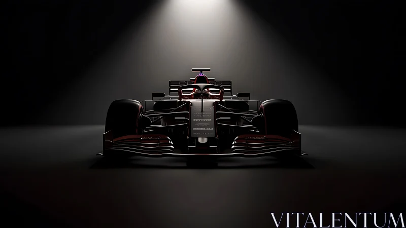Formula race car under dramatic spotlight highlights aerodynamics