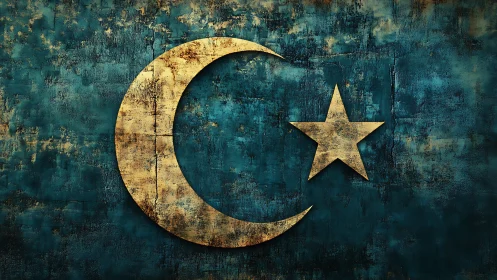 Weathered golden crescent and star on deep teal nightwall.