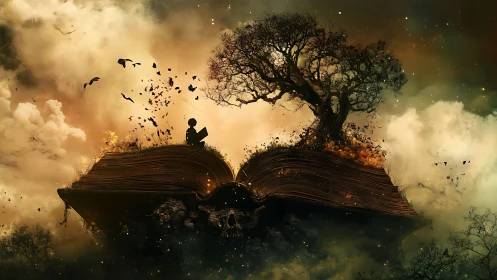 Story seeds and midnight skies on a living, glowing book.