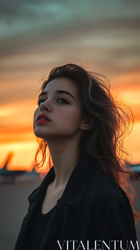 Sunset portrait of thoughtful woman in cinematic light.