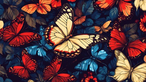 Color-rich digital butterfly swarm on dark foliage.