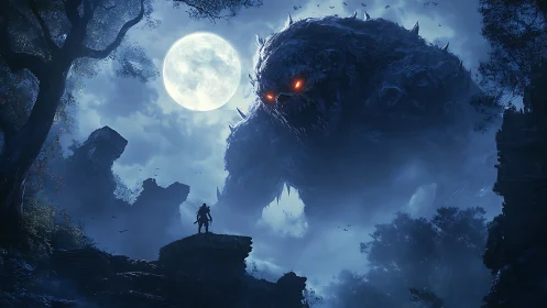 Moonlit wanderer defies colossal ember-eyed nightmare beast.