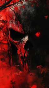 Hemorrhagic skull apparition in high-contrast infernal red field.