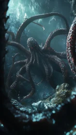 Colossal abyssal tentacle entity in teal-lit cavern depths.