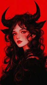 Digital painting portrait of horned demon girl in red field.