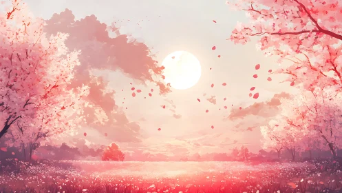 Blushing moonrise over whispering cherry blossom meadows.