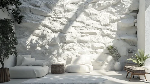 Minimalist sunlit lounge against textured white stone wall.
