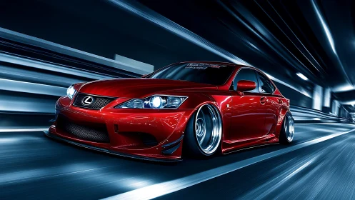 Red Lexus sports sedan racing through neon tunnel at speed.