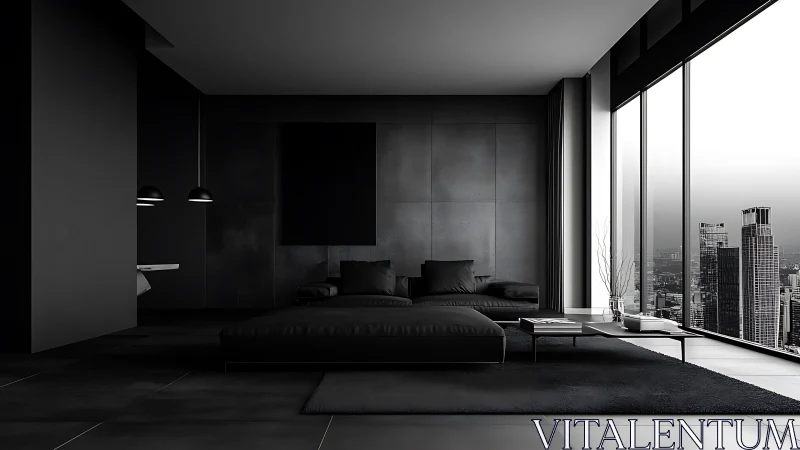 Monochrome minimalist bedroom interior with city skyline view.