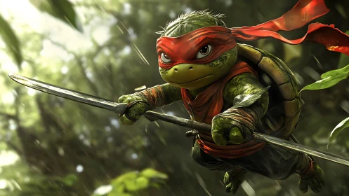 Nimble ninja turtle hero soars forward through lush jungle air