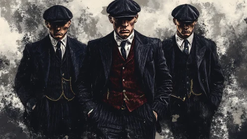 Three stern men in vintage suits and caps stand in line.