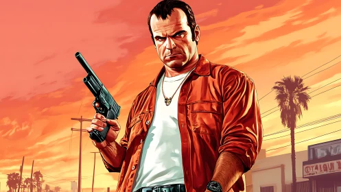 Sunset city tough guy stands ready against orange skies