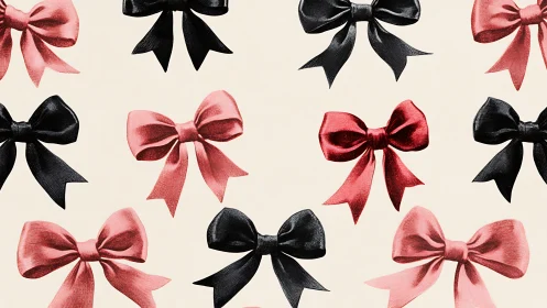 Satin ribbon bows pattern in black and pink on cream ground.