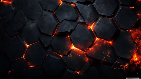 Molten hexagon plates fuse dark metal with lava fire.