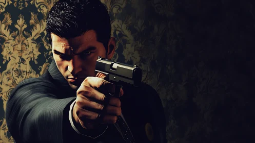 Hard-edged enforcer aiming pistol in dramatic chiaroscuro.