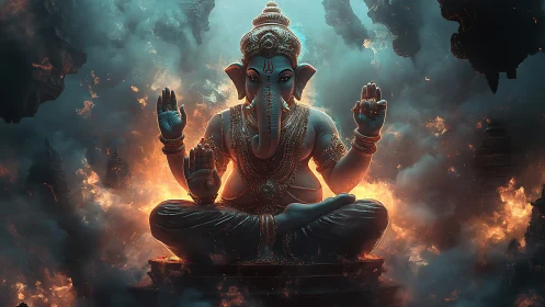 Divine Ganesha in blazing cosmic clouds, cinematic render.