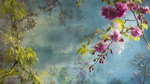 Magenta Blossoms Against Weathered Turquoise Surface.