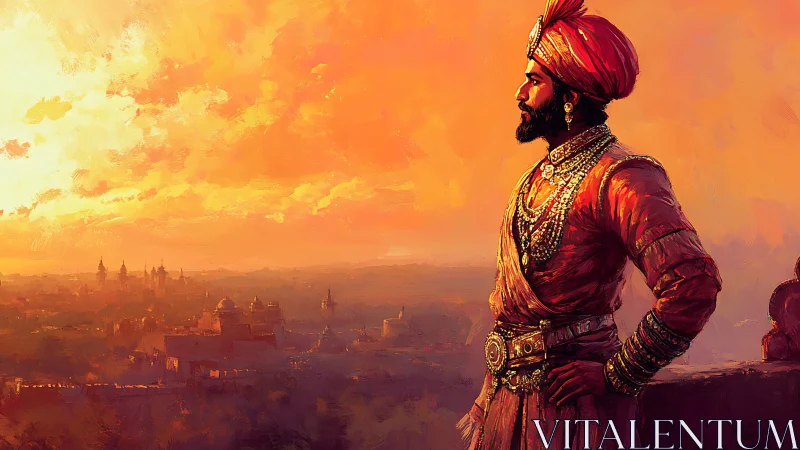 Regal figure in red turban surveys distant city at sunset