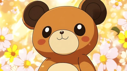 Sunlit teddy daydream amid golden flower confetti glow.