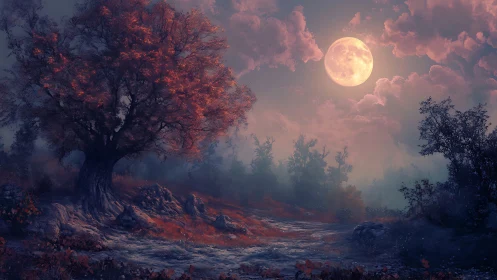 Moonlit woodland path with large autumn tree and clouds.