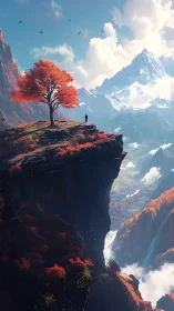 Lone figure under crimson tree on high mountain cliff.