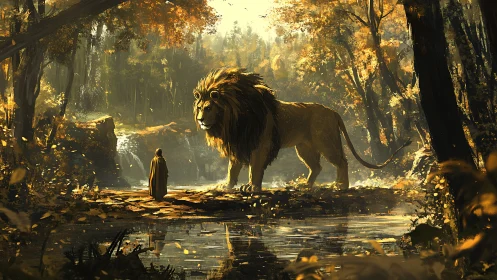 Figure Encounters Majestic Lion in Autumn Forest