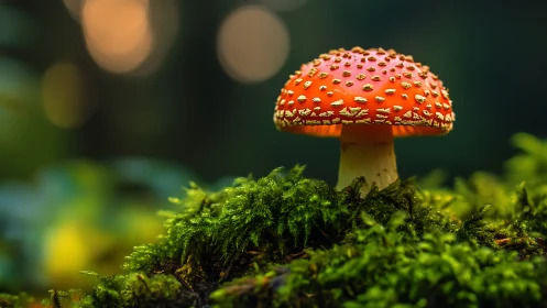 Fly agaric mushroom emerges from moss with shallow depth of field