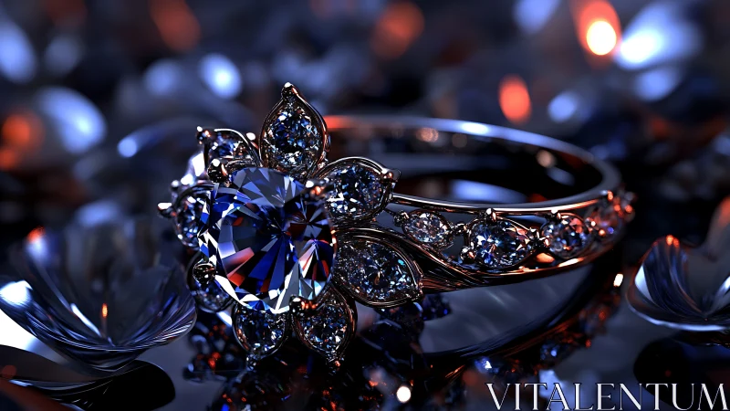 Diamond floral ring glows in cinematic blue and amber light