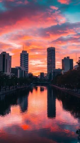 City skyscrapers over canal at vivid sunset sky reflection.