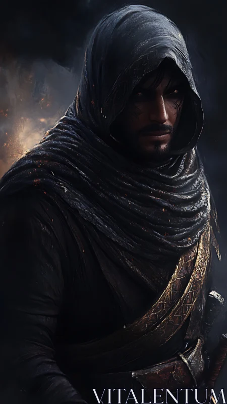 Hooded rogue stands in emberlit shadows, gaze burning.