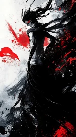 Monochrome ink warrior with red energy burst and trailing cloak