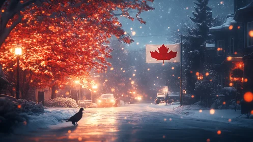 Canadian winter street glows under snow and maple lights.
