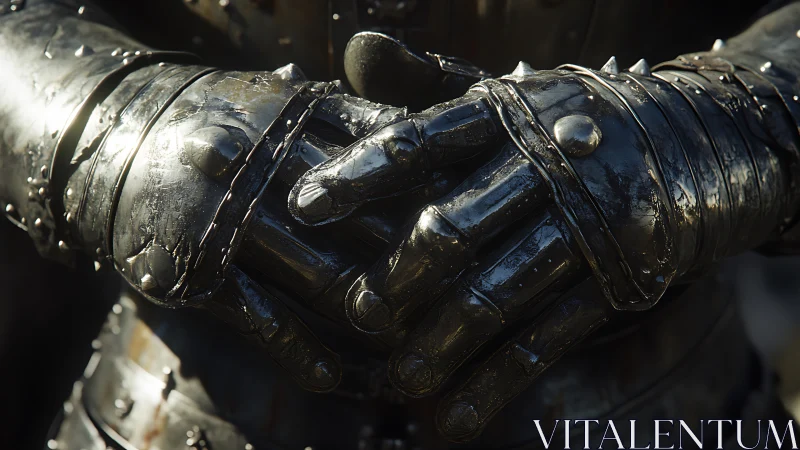 Close view of crossed metal gauntlets on worn armor.