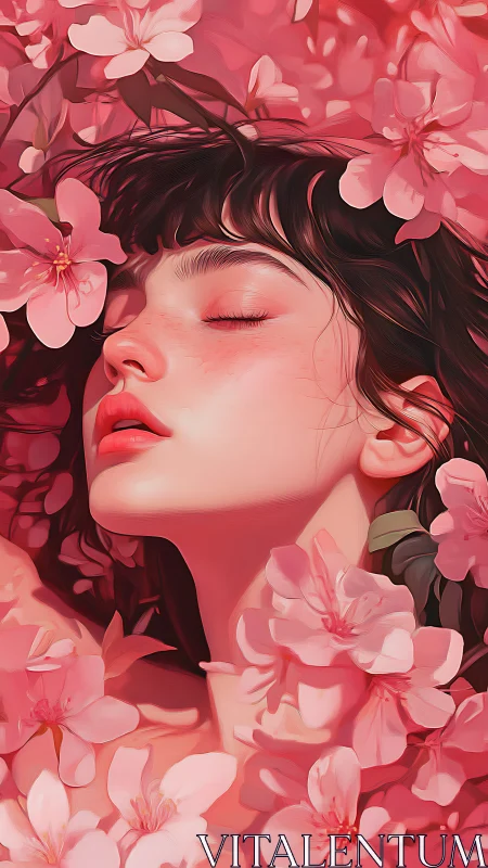 Floral-immersed portrait of serene woman in rose hues.