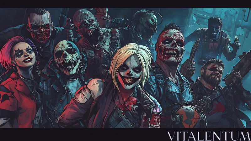 Grinning punk marauders in neon-lit post-apocalyptic chaos.